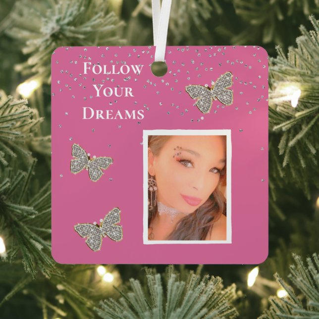 Pink Silver Sparkle Butterflies Your Photo  Metal Ornament (Insitu)