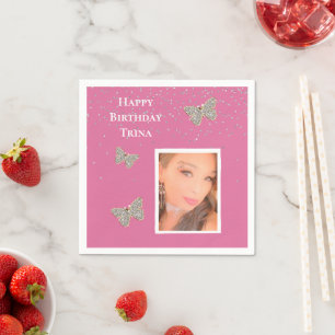 Pink Silver Sparkle Butterflies Your Photo  Napkin