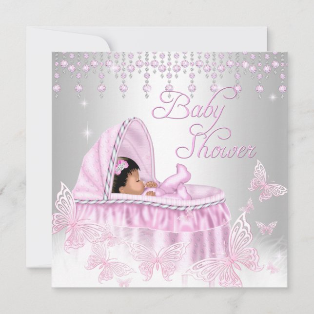 Pink Silver Sparkle Butterfly Baby Shower Ethnic Invitation (Front)