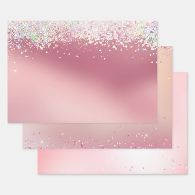 Pink Silver Sparkle Confetti Christmas Wrapping Paper Sheet (Set)