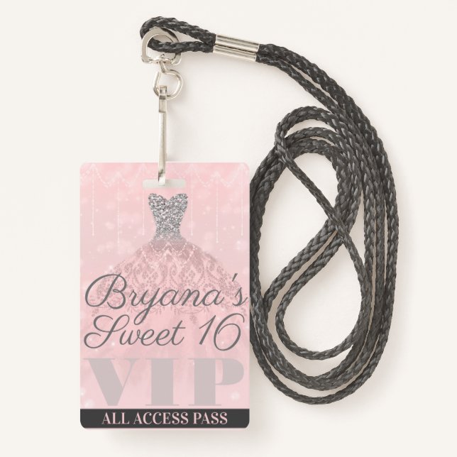 Pink Silver Sparkle Dress Sweet 16 VIP Pass Badge (Front with Lanyard)