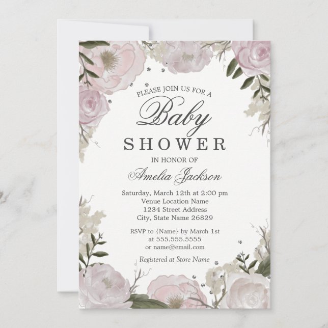 Pink Silver Sparkle Floral Baby Shower Invitation (Front)