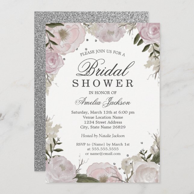 Pink Silver Sparkle Floral Bridal Shower Invitation (Front/Back)