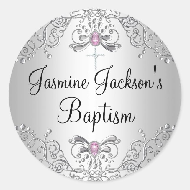 Pink & Silver Sparkle Jewel Baptism Sticker (Front)