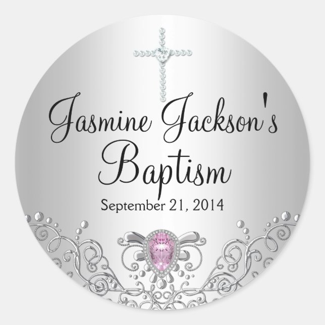Pink & Silver Sparkle Jewel Baptism Sticker (Front)
