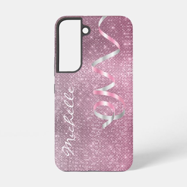 Pink Silver Sparkle Ribbon Glam Samsung Galaxy S22 Case (Back)