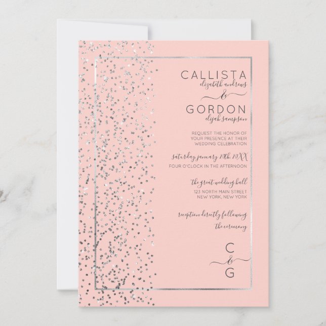 Pink Silver Sparkly Glitter Confetti Side Wedding Invitation (Front)