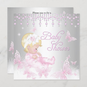 Pink Silver Sprinkle Butterfly Baby Shower Blonde Invitation