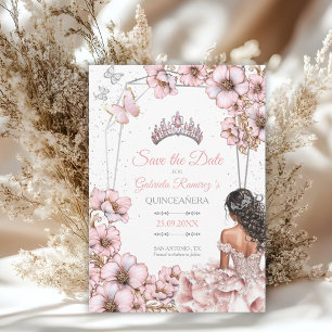 Pink Silver Tiara Butterfly Quinceañera Save The Date
