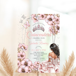 Pink Silver Tiara Floral Butterfly Quinceañera Acrylic Invitations
