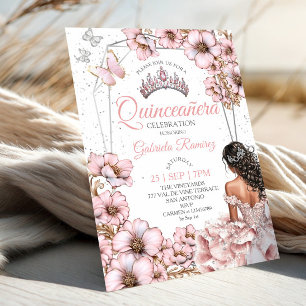 Pink Silver Tiara Floral Butterfly Quinceañera Invitation
