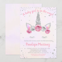 Pink Silver Unicorn Face Baby Shower Invitation