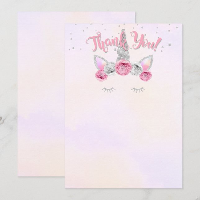 pink silver unicorn face thank you card (Front/Back)