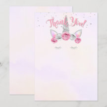 pink silver unicorn face thank you card