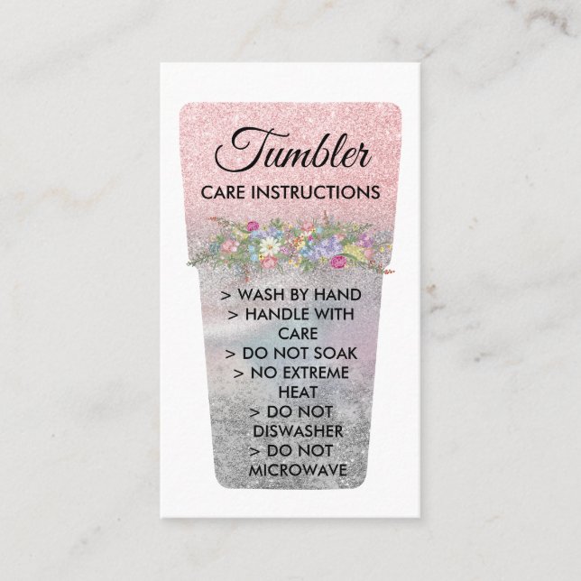 Pink Silver Vinyl Print Tumbler Care Instructions Calling Card (Front)