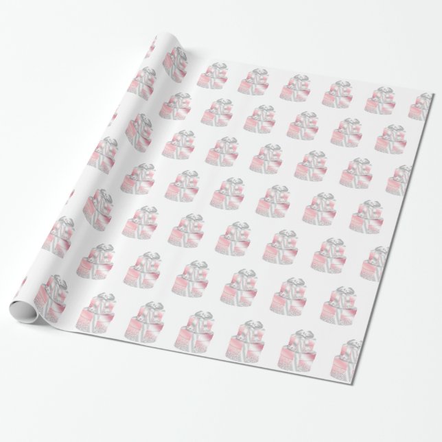 Pink Silver Wedding Cake BIRTHDAY WEDDING WRAP Wrapping Paper (Unrolled)