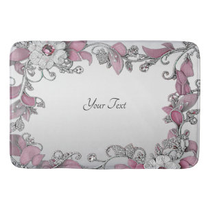Pink Silver White Floral Bath Mat
