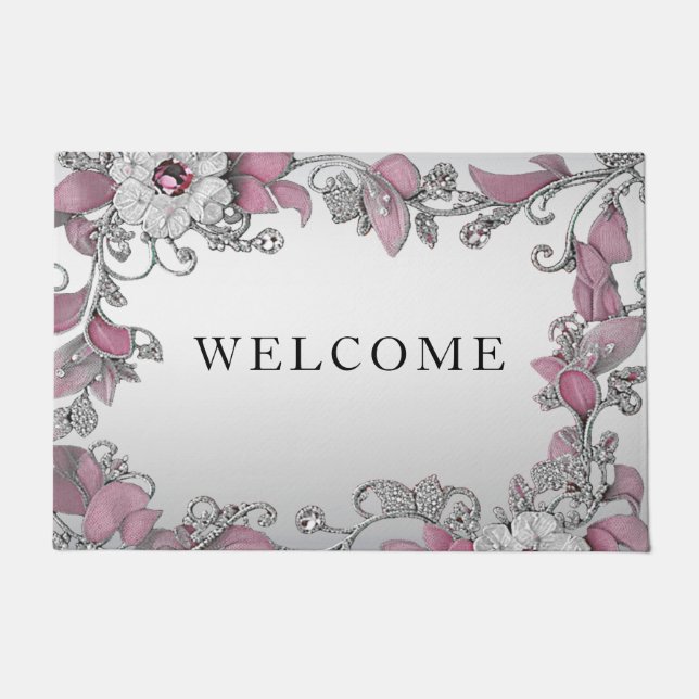 Pink Silver White Floral Doormat (Front)