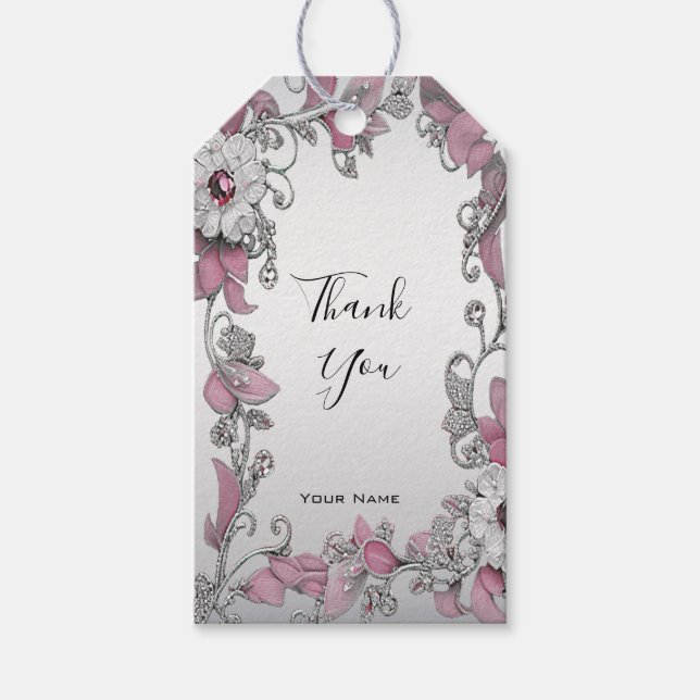 Pink Silver White Floral Gift Tag (Front)