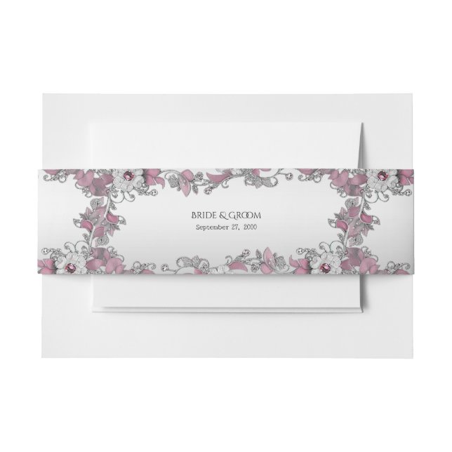 Pink Silver White Floral Invitation Belly Band (Front Example)