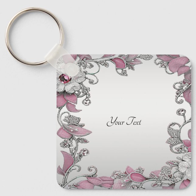 Pink Silver White Floral Keychain (Front)