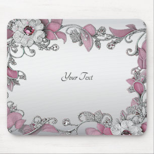 Pink Silver White Floral Mousepad