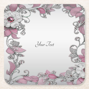 Pink Silver White Floral Paper Coaster