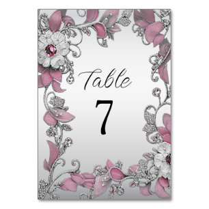 Pink Silver White Floral Table Number