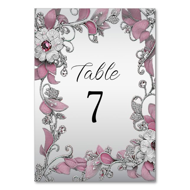 Pink Silver White Floral Table Number (Front)