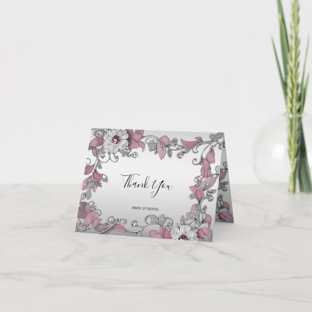 Pink Silver White Floral Thank You Card (Front)