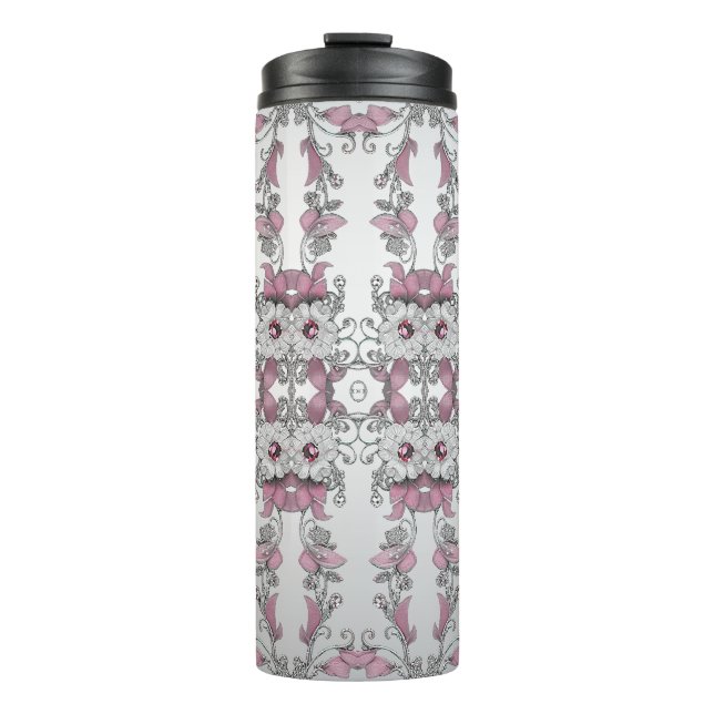 Pink Silver White Floral Thermal Tumbler (Front)