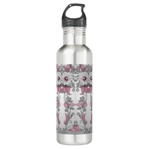 Pink Silver White Floral Water Bottle