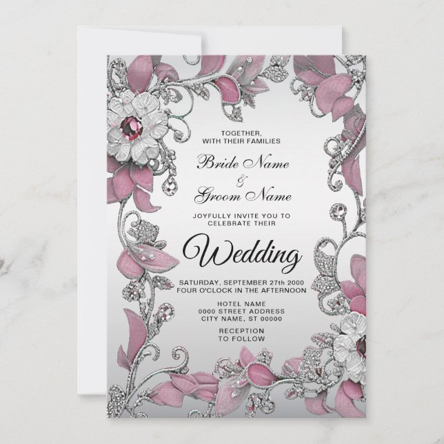 Pink Silver White Floral Wedding Invitation (Front)