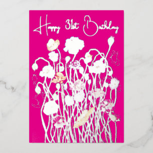 Pink & Silver Wild Poppy Watercolor aged Birthday Foil Holiday Card