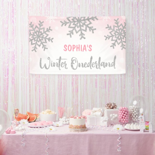 Pink Silver Winter ONEderland 1st Birthday Banner (Party)