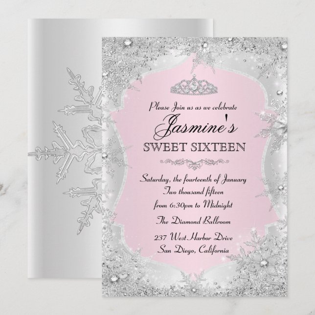 Pink Silver Winter Snowflake Sweet 16 Invitation (Front/Back)