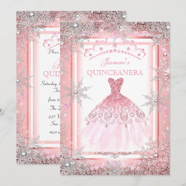 Pink Silver Winter Wonderland Quinceanera Party 2 Invitation (Front/Back)