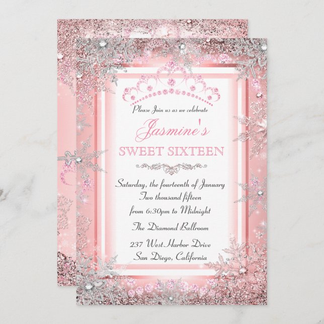 Pink Silver Winter Wonderland Sweet 16 Party Invitation (Front/Back)