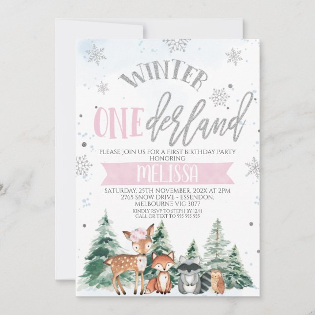 Pink Silver Woodland Onederland First Birthday Inv Invitation (Front)