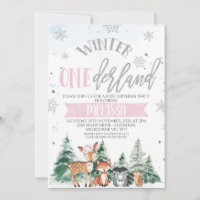Pink Silver Woodland Onederland First Birthday Inv