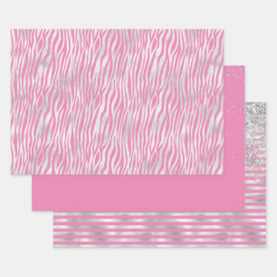 Pink Silver Zebra Gift Tags Wrapping Paper Sheet
