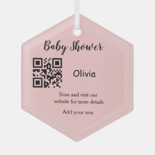 Pink simple baby shower q r code add name text thr glass ornament