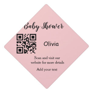 Pink simple baby shower q r code add name text thr graduation cap topper