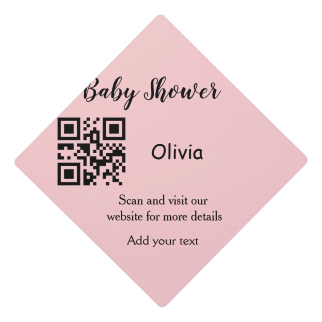 Pink simple baby shower q r code add name text thr graduation cap topper (Front)