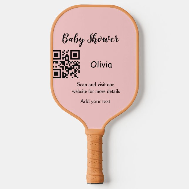 Pink simple baby shower q r code add name text thr pickleball paddle (Front)