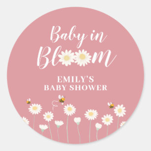 Pink Simple Boho Daisy Floral Baby In Bloom Shower Classic Round Sticker