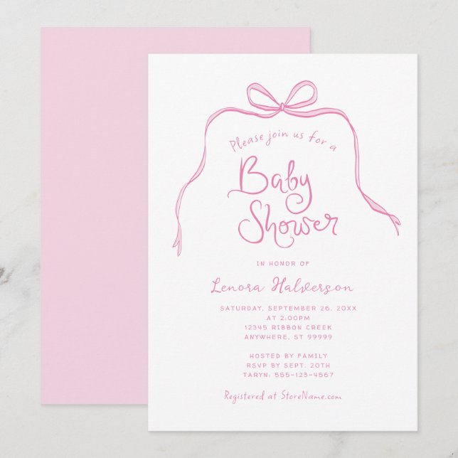 Pink Simple Bow Baby Shower Invitation (Front/Back)