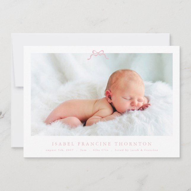 pink simple bow photo baby birth announcement (Front)