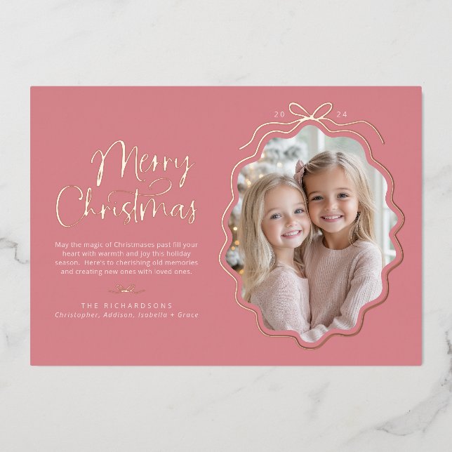 Pink Simple Bow Wavy Photo Christmas Foil Holiday Card (Front)