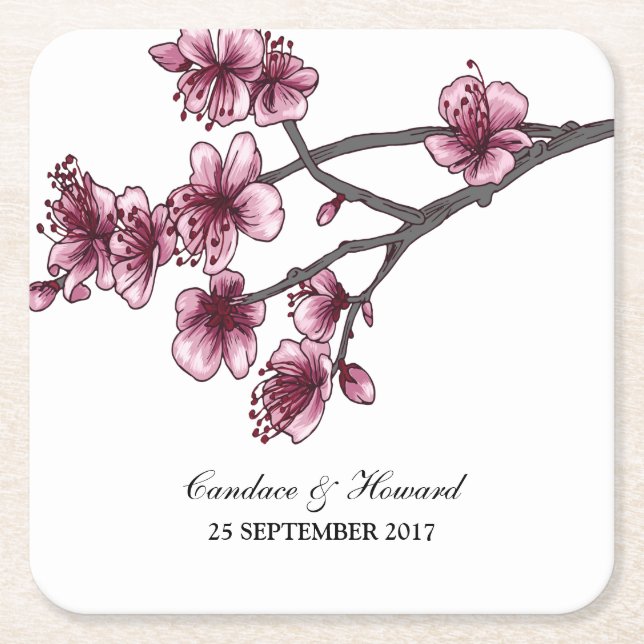 Pink Simple Cherry Blossoms Paper Coasters (Front)